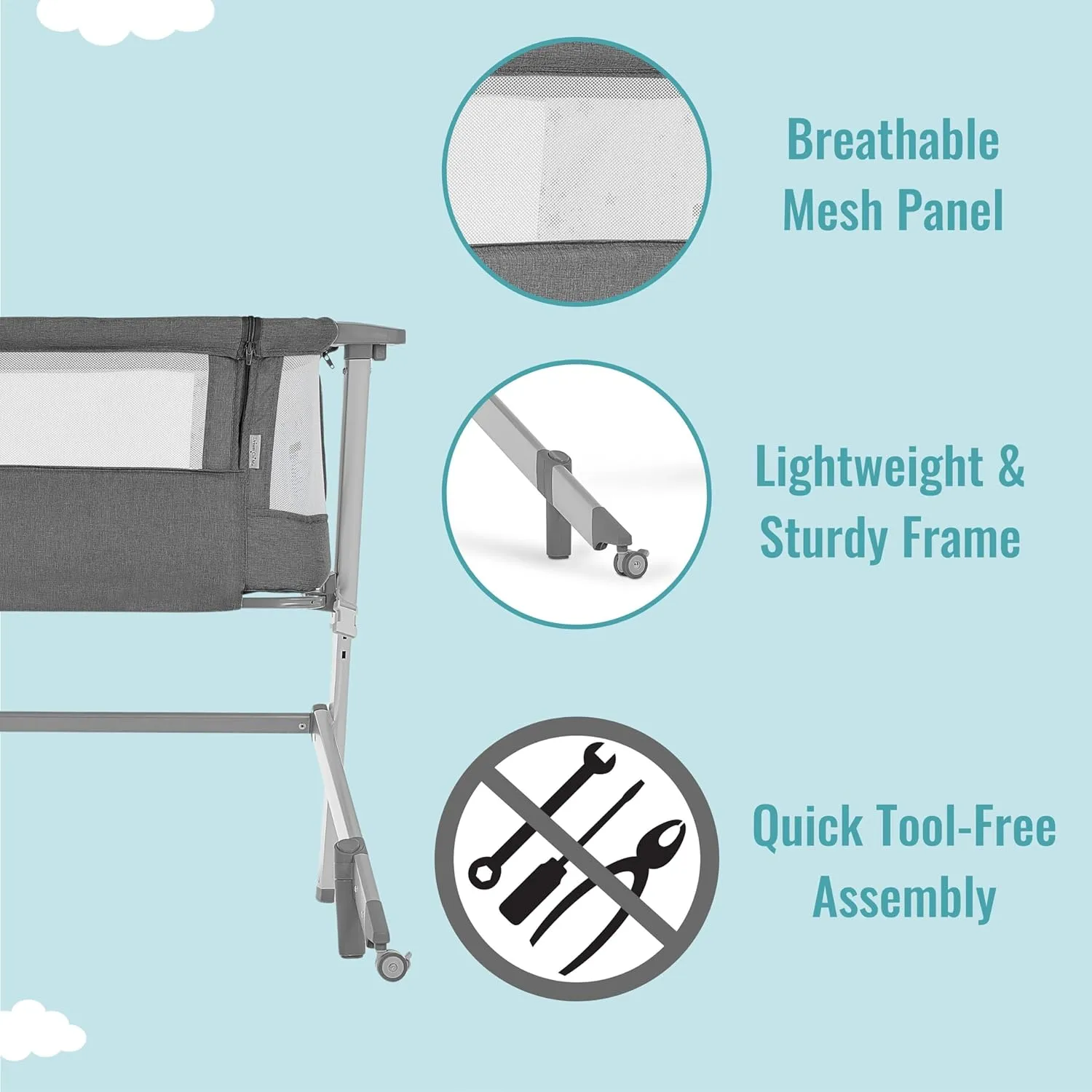 Dream On Me Skylar Bassinet and Bedside Sleeper in Grey, Lightweight and Portable Baby Bassinet, Five Position Adjustable Height, Easy to Fold and Carry Travel Bassinet, JPMA Certified