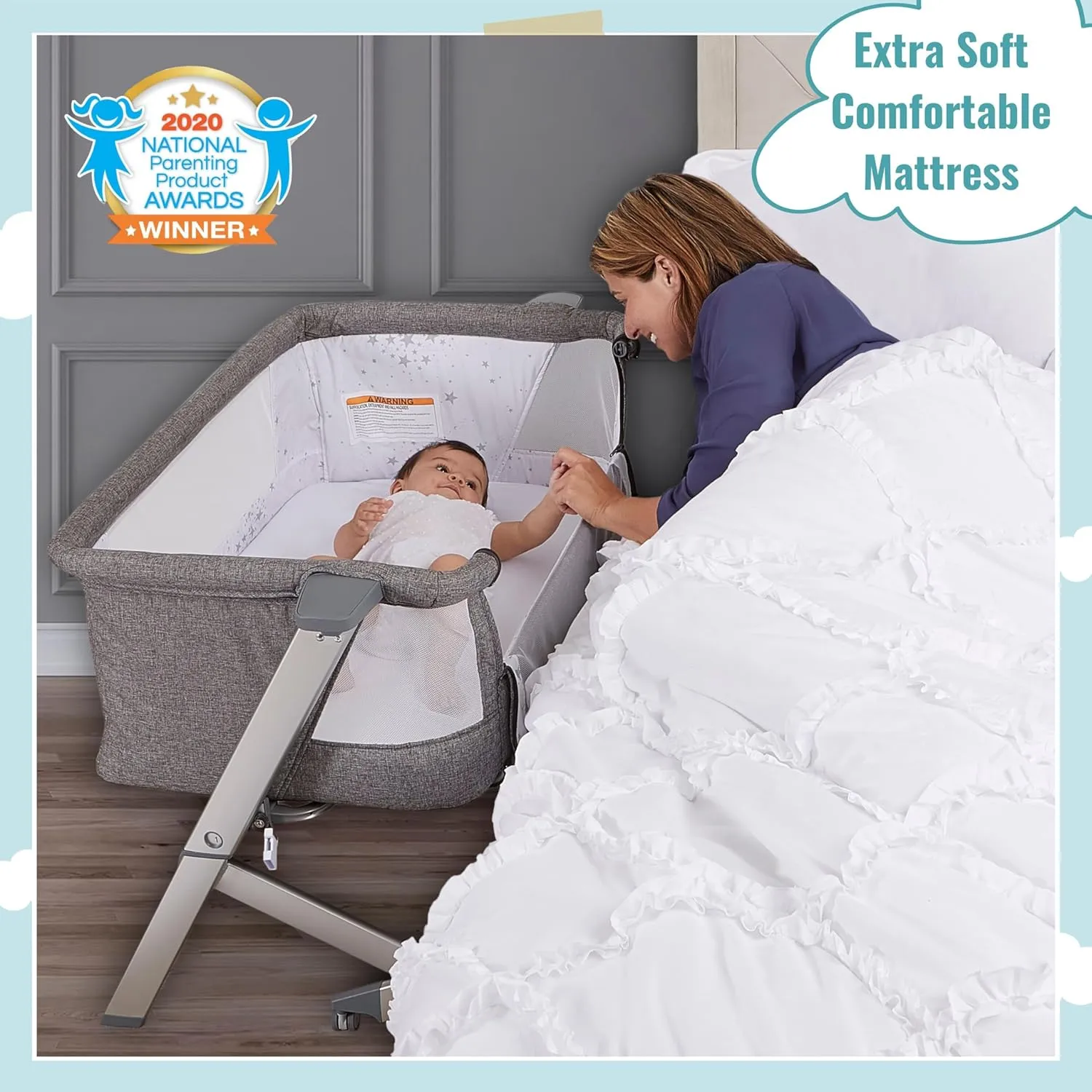 Dream On Me Skylar Bassinet and Bedside Sleeper in Grey, Lightweight and Portable Baby Bassinet, Five Position Adjustable Height, Easy to Fold and Carry Travel Bassinet, JPMA Certified