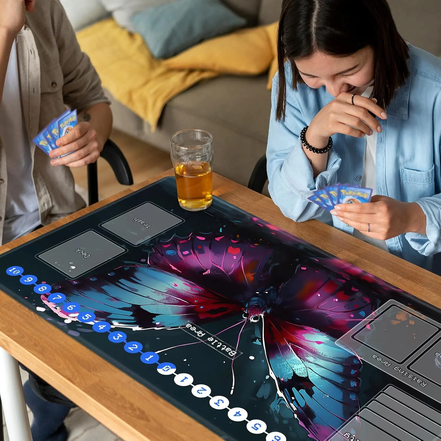 Duel Playma for DTCG, Card Game Mat Non-Slip Rubber Base and Stitched, 24 x 14 in TCG Play Mat with Zones for CCG and Other Card Games, Colorful Butterfly