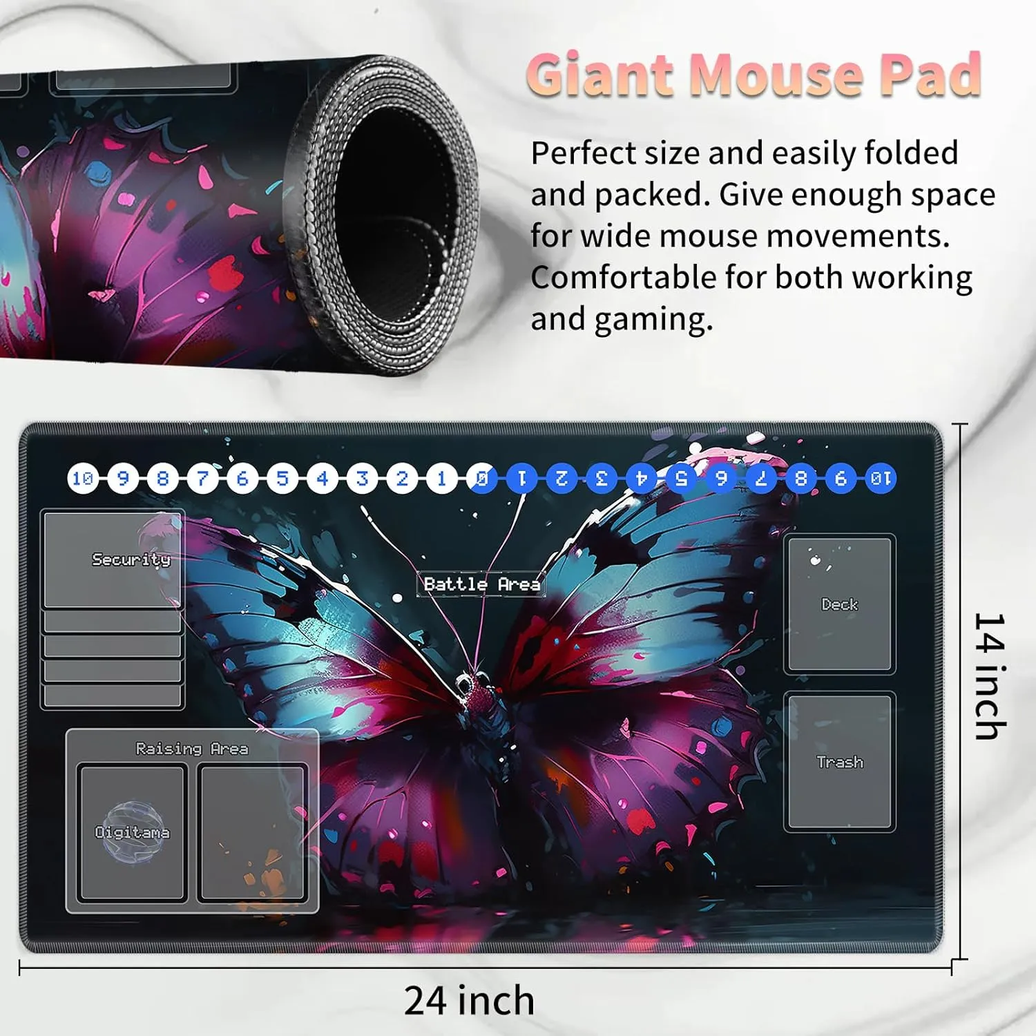 Duel Playma for DTCG, Card Game Mat Non-Slip Rubber Base and Stitched, 24 x 14 in TCG Play Mat with Zones for CCG and Other Card Games, Colorful Butterfly