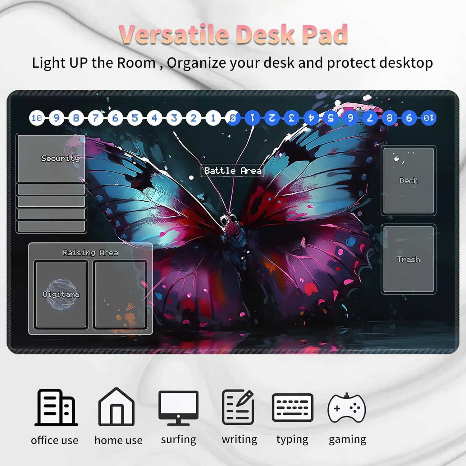 Duel Playma for DTCG, Card Game Mat Non-Slip Rubber Base and Stitched, 24 x 14 in TCG Play Mat with Zones for CCG and Other Card Games, Colorful Butterfly