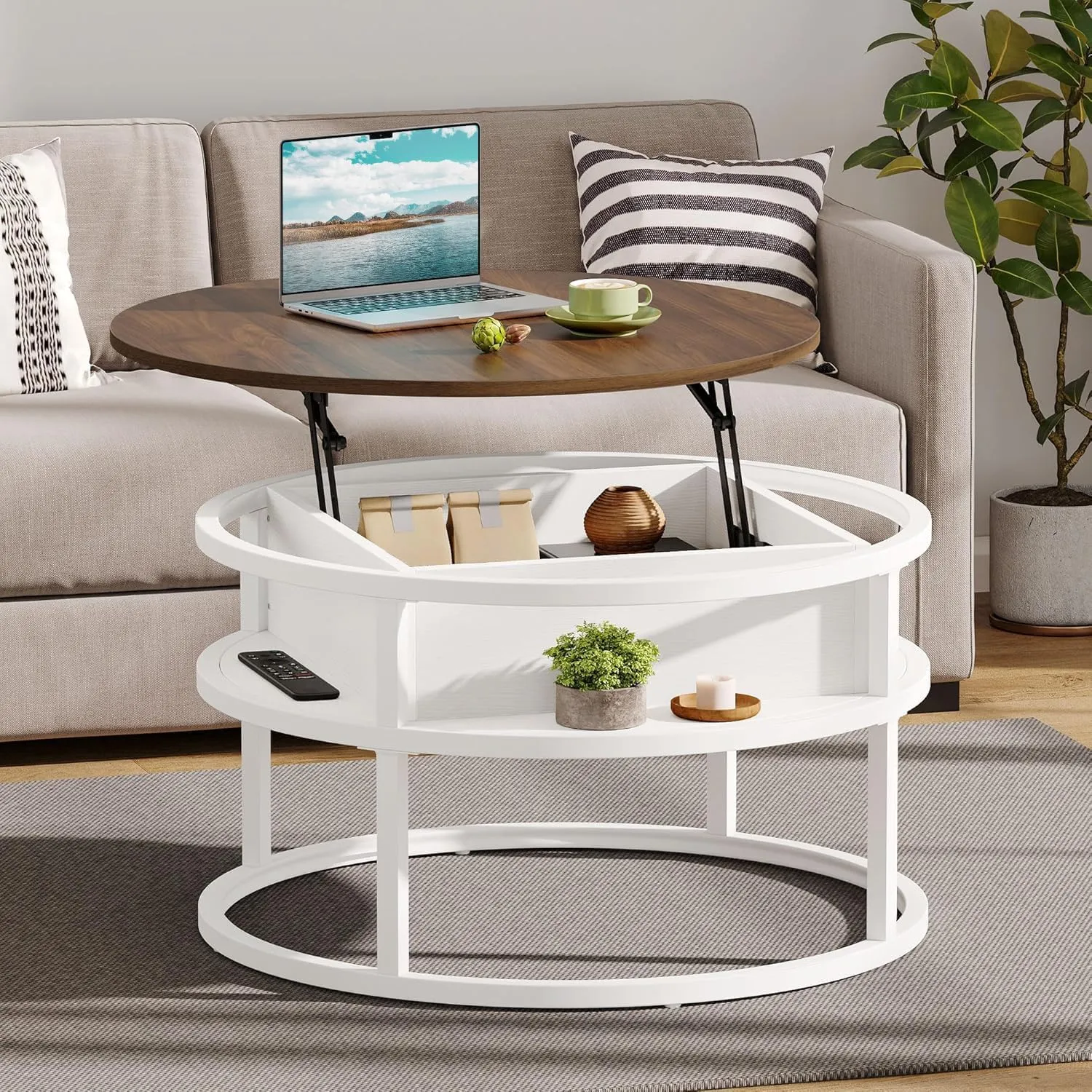 DWVO Coffee Tables for Living Room, Round Lift Top Coffee Table with Storage and Hidden Compartment, Rustic Small Circle Coffee Table,Wood Center Table, Brown and White