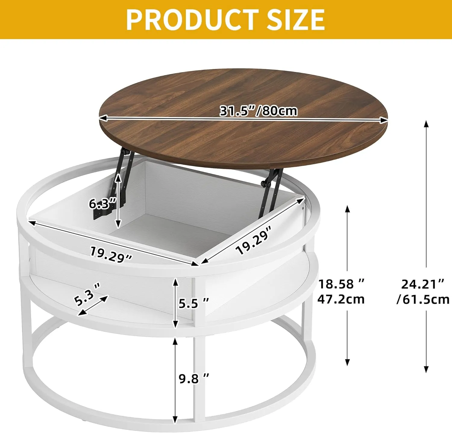 DWVO Coffee Tables for Living Room, Round Lift Top Coffee Table with Storage and Hidden Compartment, Rustic Small Circle Coffee Table,Wood Center Table, Brown and White