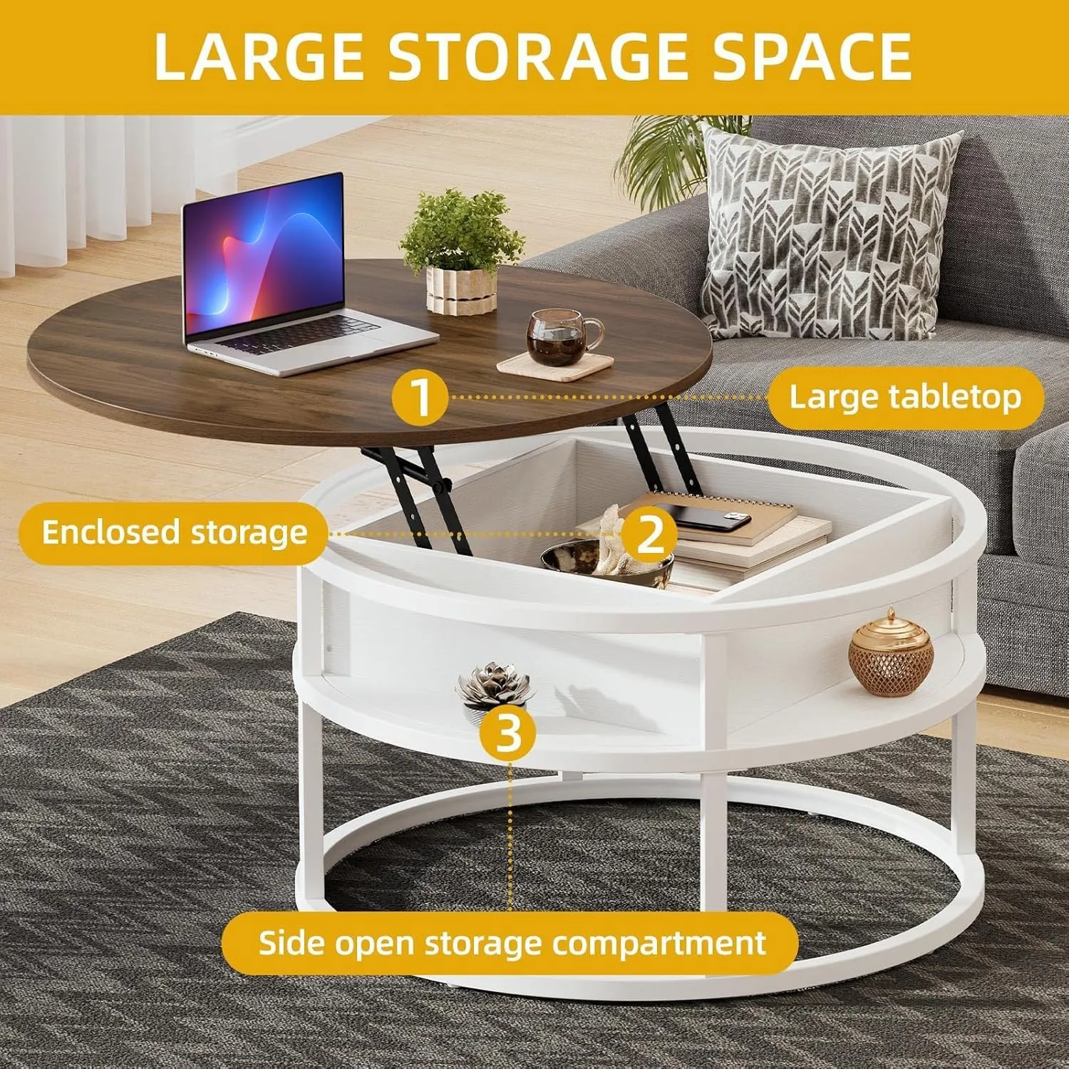 DWVO Coffee Tables for Living Room, Round Lift Top Coffee Table with Storage and Hidden Compartment, Rustic Small Circle Coffee Table,Wood Center Table, Brown and White