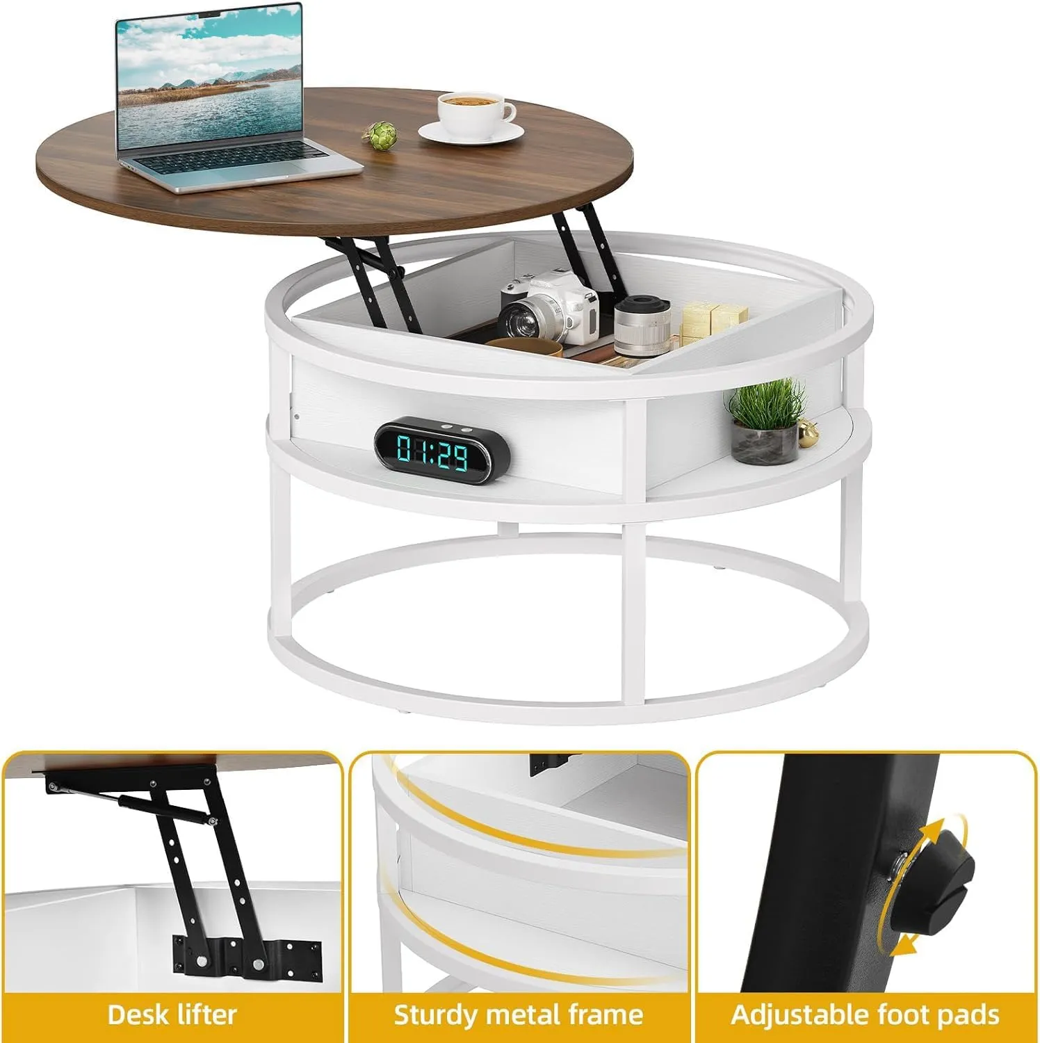 DWVO Coffee Tables for Living Room, Round Lift Top Coffee Table with Storage and Hidden Compartment, Rustic Small Circle Coffee Table,Wood Center Table, Brown and White