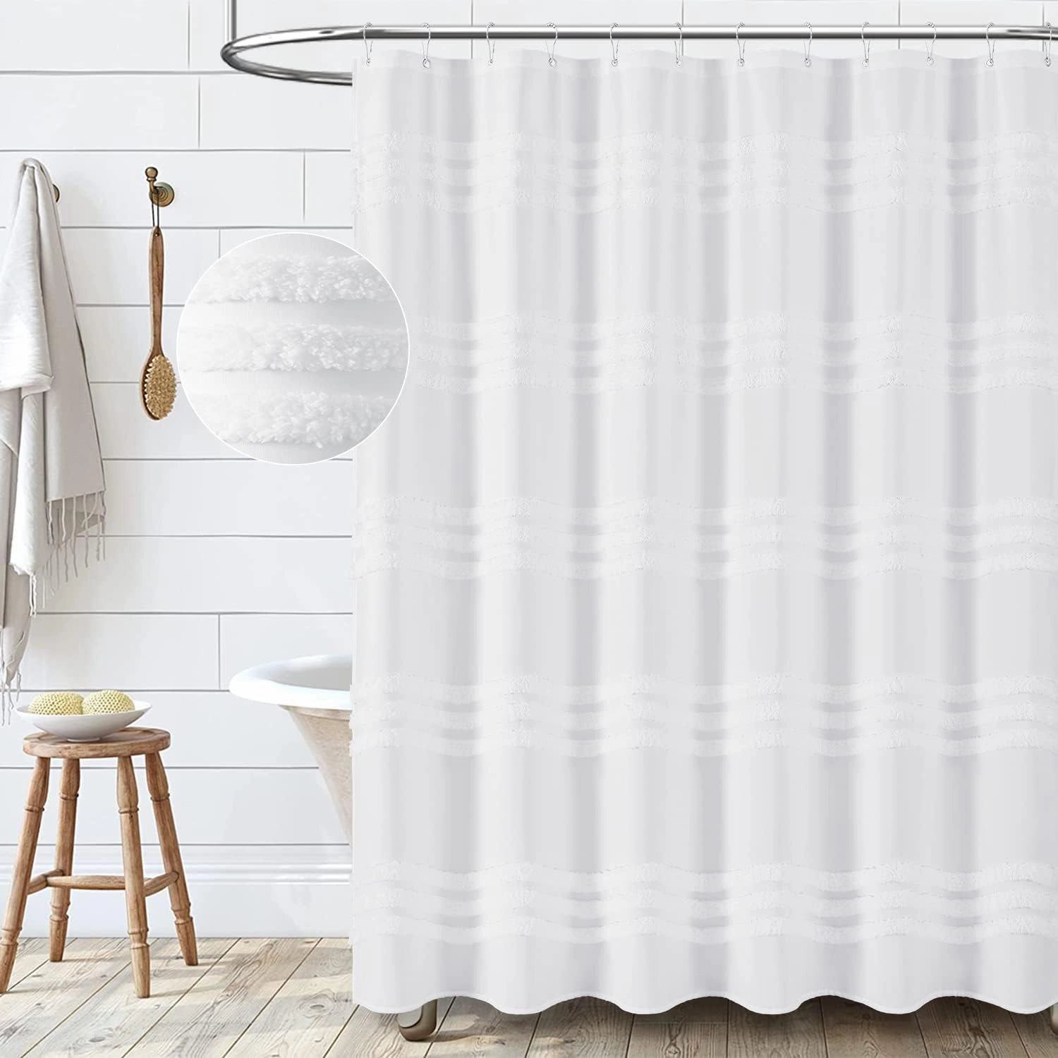 Dynamene White Fabric Shower Curtain, Tufted Chenille Striped Textured Cloth Shower Curtain for Bathroom, Modern Farmhouse Shabby Chic Waterproof Shower Curtain Set with Hook, Machine Washable, 72x72