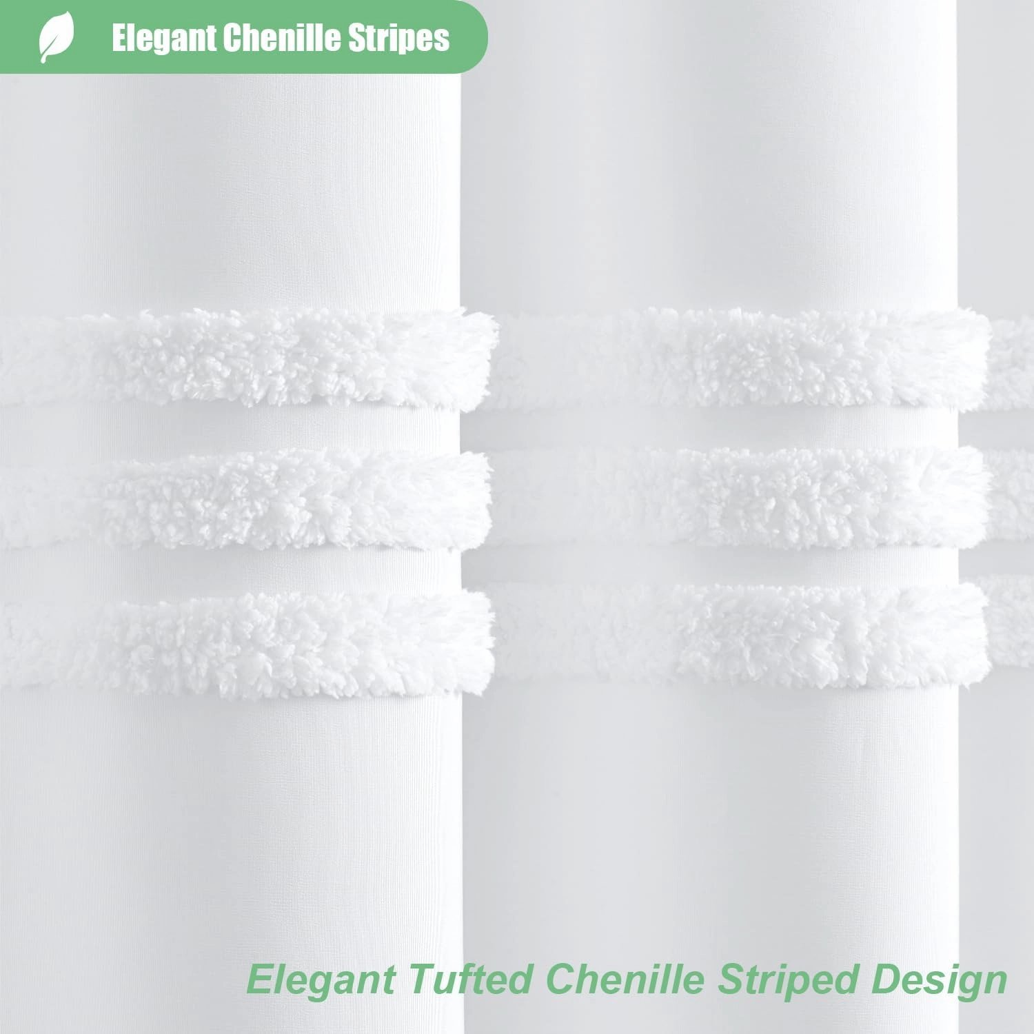 Dynamene White Fabric Shower Curtain, Tufted Chenille Striped Textured Cloth Shower Curtain for Bathroom, Modern Farmhouse Shabby Chic Waterproof Shower Curtain Set with Hook, Machine Washable, 72x72