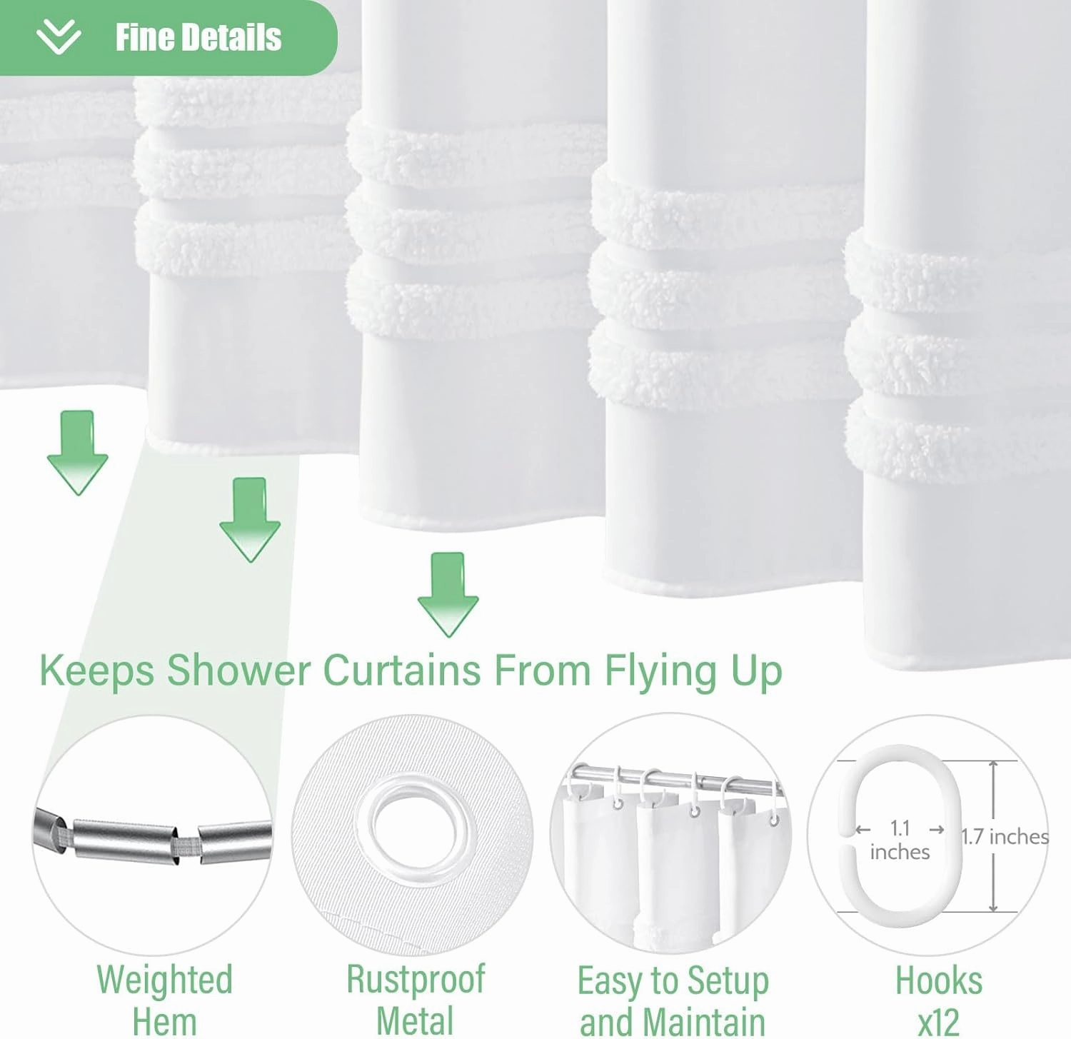 Dynamene White Fabric Shower Curtain, Tufted Chenille Striped Textured Cloth Shower Curtain for Bathroom, Modern Farmhouse Shabby Chic Waterproof Shower Curtain Set with Hook, Machine Washable, 72x72
