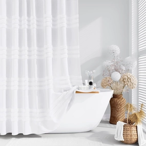 Dynamene White Fabric Shower Curtain, Tufted Chenille Striped Textured Cloth Shower Curtain for Bathroom, Modern Farmhouse Shabby Chic Waterproof Shower Curtain Set with Hook, Machine Washable, 72x72