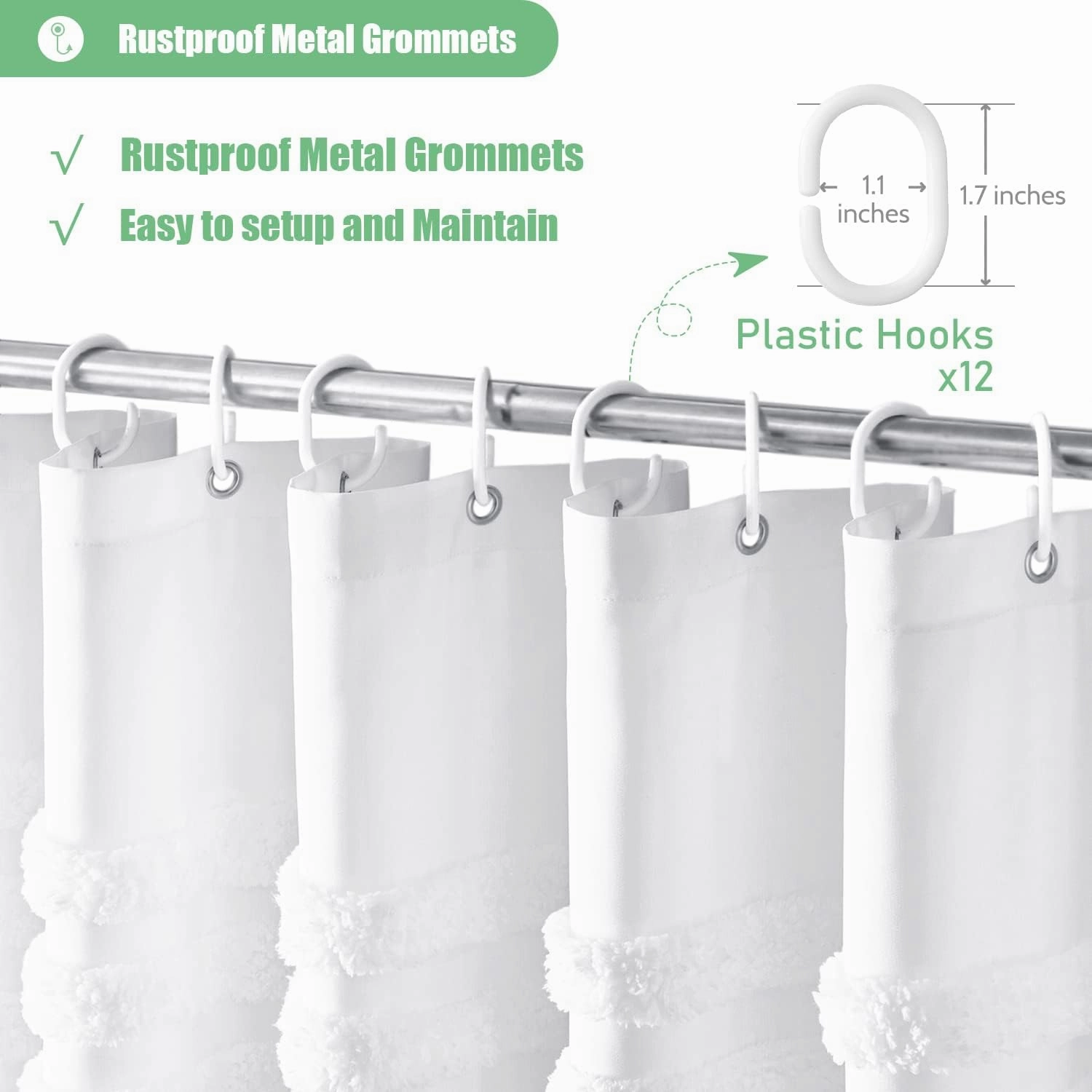 Dynamene White Fabric Shower Curtain, Tufted Chenille Striped Textured Cloth Shower Curtain for Bathroom, Modern Farmhouse Shabby Chic Waterproof Shower Curtain Set with Hook, Machine Washable, 72x72