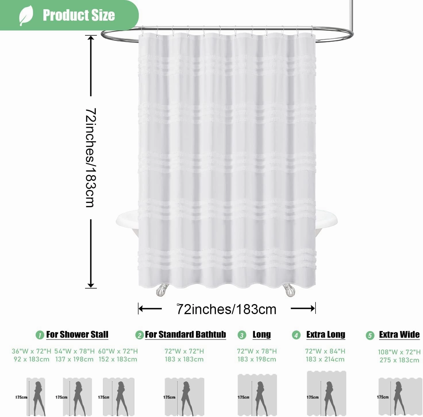 Dynamene White Fabric Shower Curtain, Tufted Chenille Striped Textured Cloth Shower Curtain for Bathroom, Modern Farmhouse Shabby Chic Waterproof Shower Curtain Set with Hook, Machine Washable, 72x72