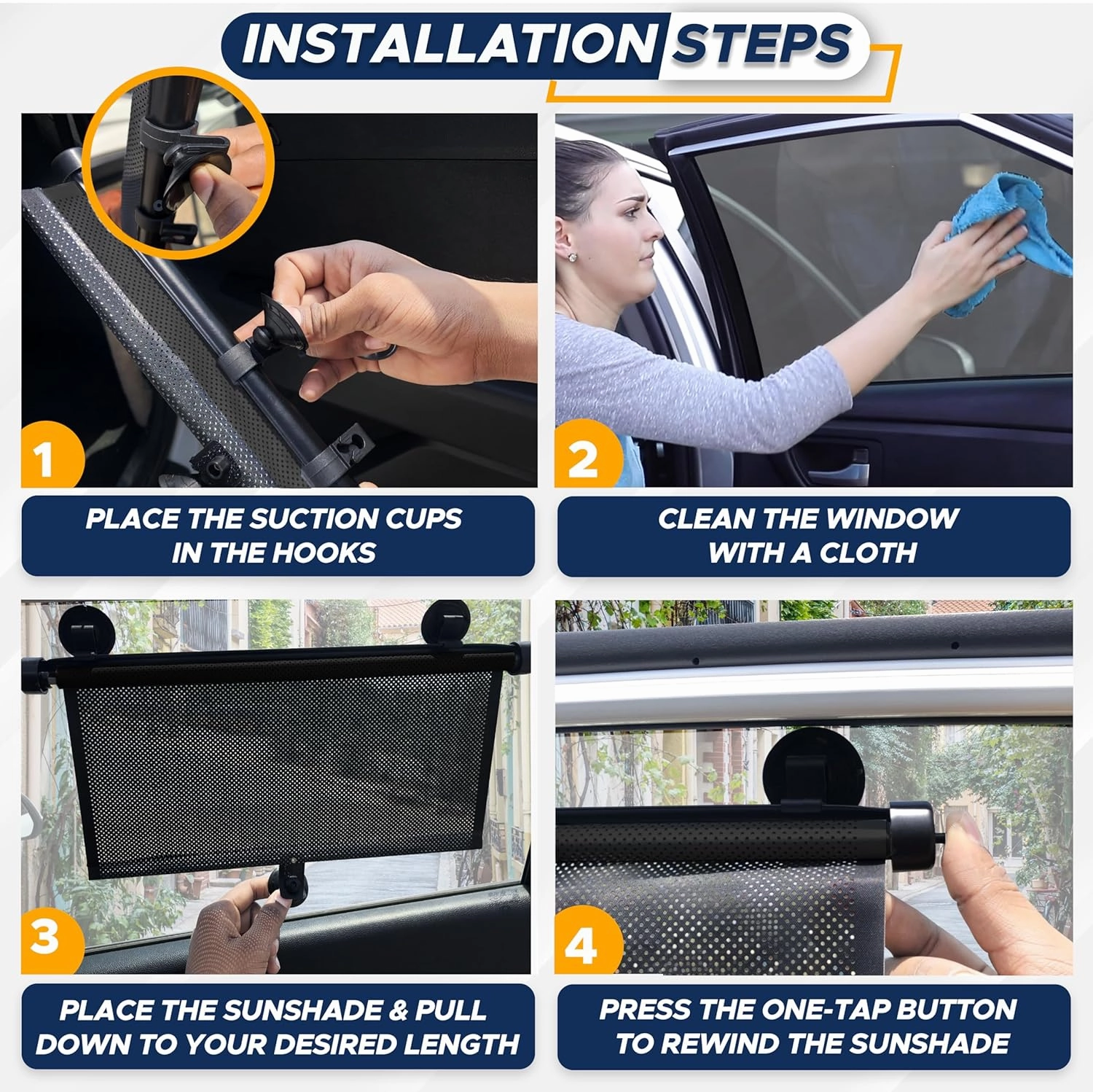 EcoNour Car Side Window Sun Shade (2 Pack) | Retractable Roller Sunshade with 2 Suction Cups for Kids | UV & Sun Glare Protection | Baby Car Accessories (15"x17")