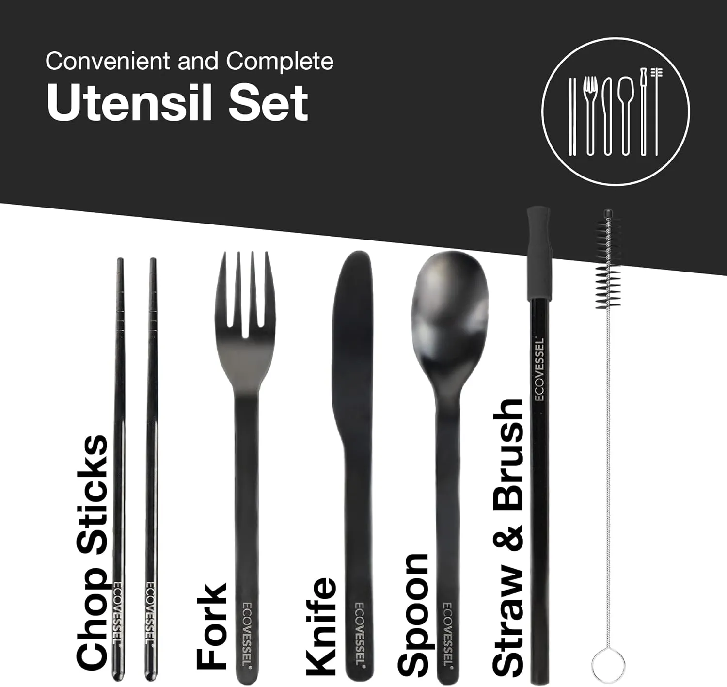 EcoVessel WANDERWARE Stainless Steel Utensils Set, Reusable Cutlery Set with Carry Case Camping Accessories, Travel Utensils With Case – 6 Pcs (Black Smoke)
