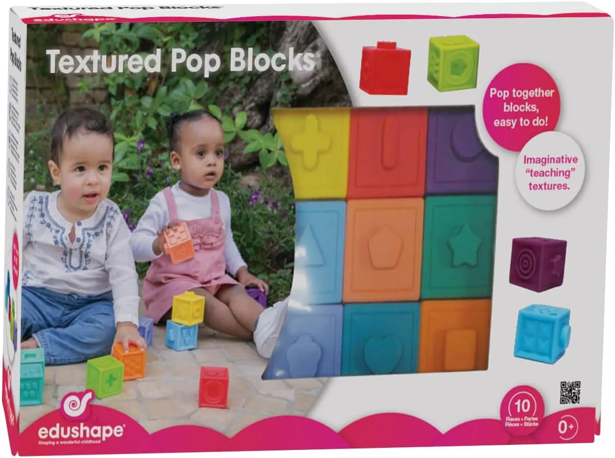 Edushape Pop Soft Baby Blocks - Set of 10 Textured Numbered Stacking Blocks for Building & Development - Soft Blocks for Babies 6-12 Months with Bright Colors that Snap Together to Encourage Learning