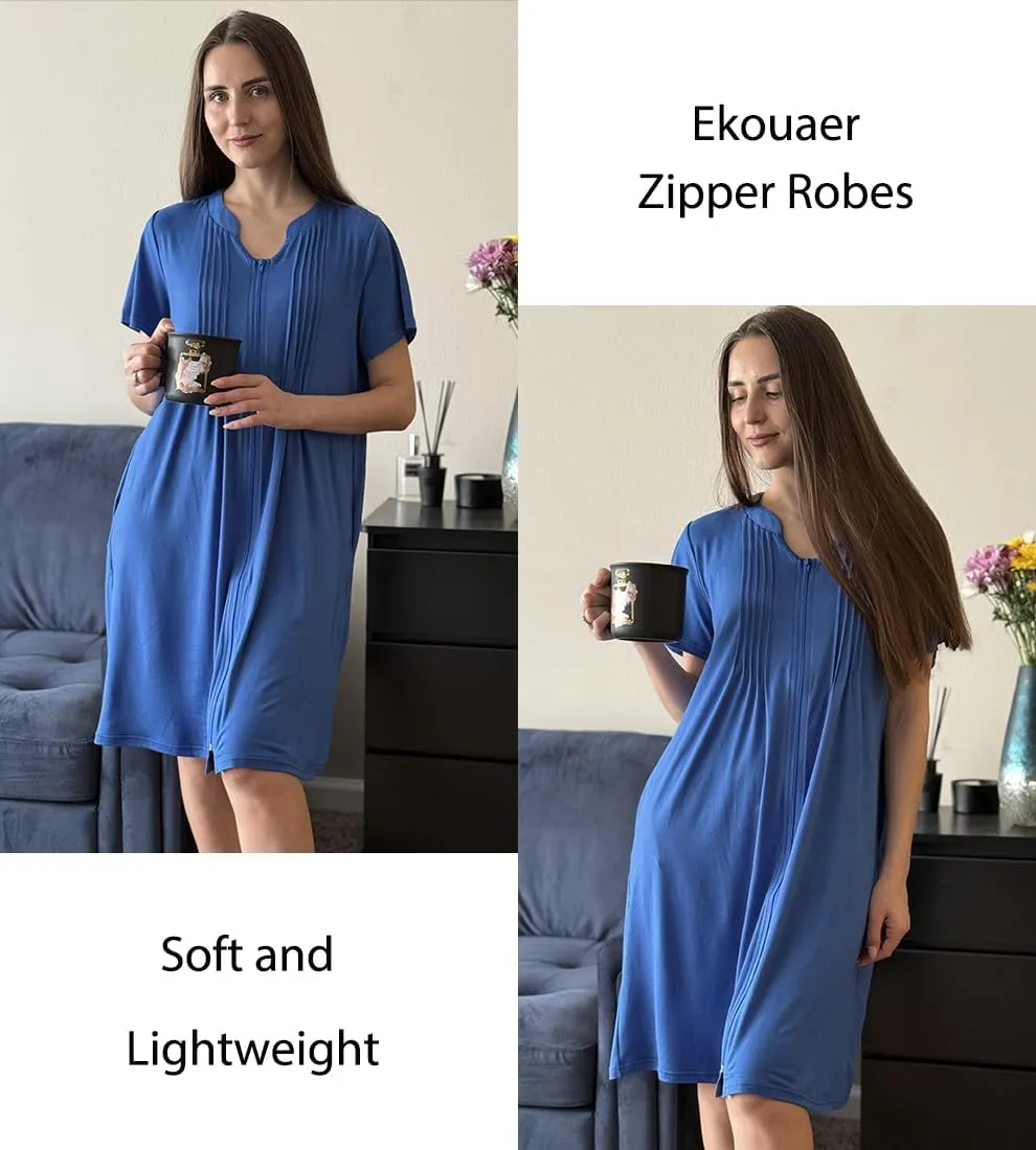 Ekouaer Women Zipper Robes Knit Short Bathrobe Lightweight House Coat with Pockets Soft Nightgown