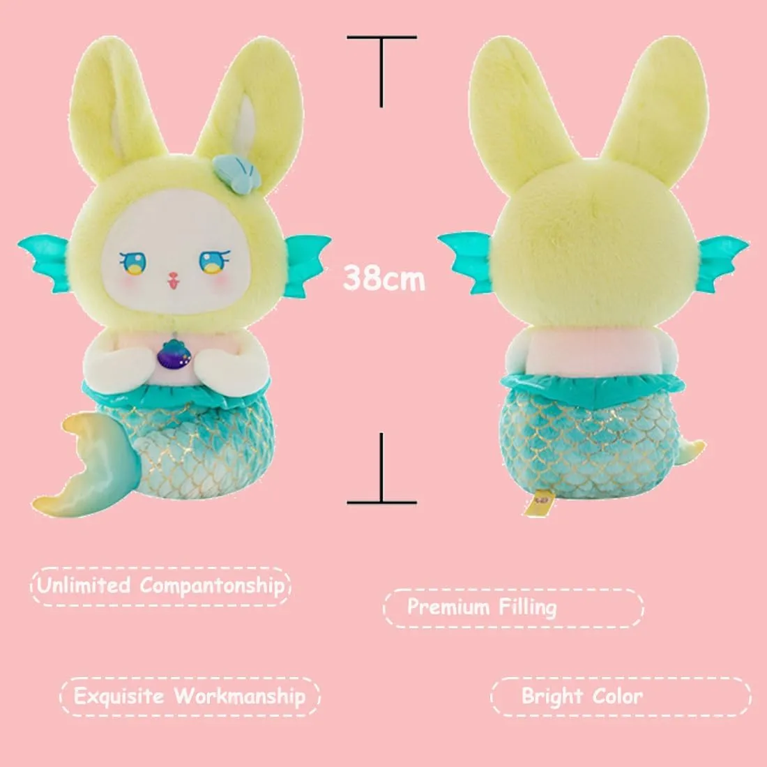 ELAINREN Cute Mermaid Shape Bunny Plush Toy Cuddle Blue Mermaid Fish Stuffed Marine Doll Gifts/14''