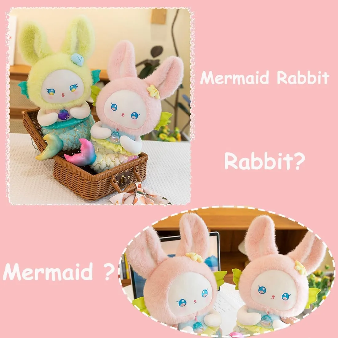 ELAINREN Ultra-Soft Pink Mermaid Stuffed Pillow Cuddle Bunny Shape Mermaid Plush Toy Gifts/14''