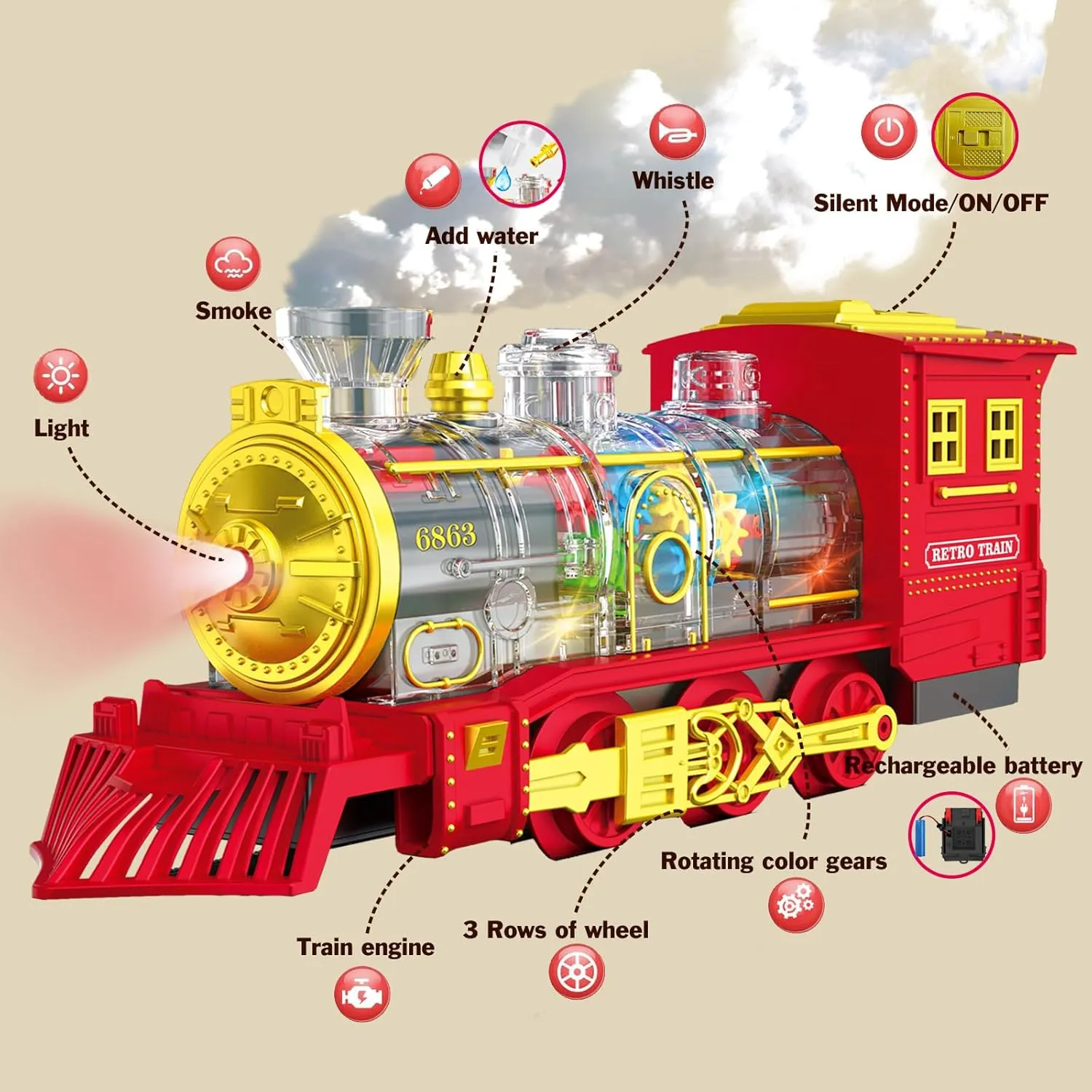 Electric Train Set for Boys Girls with Smokes, Lights Sound Christmas Trains Toys Locomotive, Folding Catapult Carriage with 4 Alloy Cars, Cargo & Tracks, Kids Trains Set for 4-8 Birthday Gifts