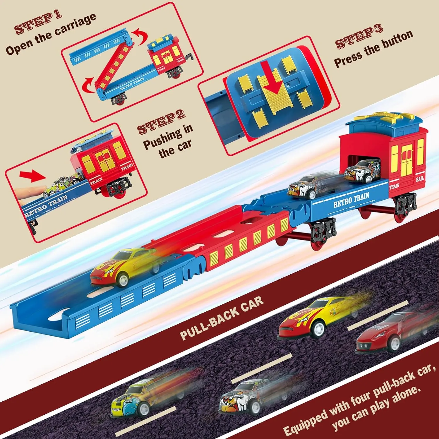 Electric Train Set for Boys Girls with Smokes, Lights Sound Christmas Trains Toys Locomotive, Folding Catapult Carriage with 4 Alloy Cars, Cargo & Tracks, Kids Trains Set for 4-8 Birthday Gifts