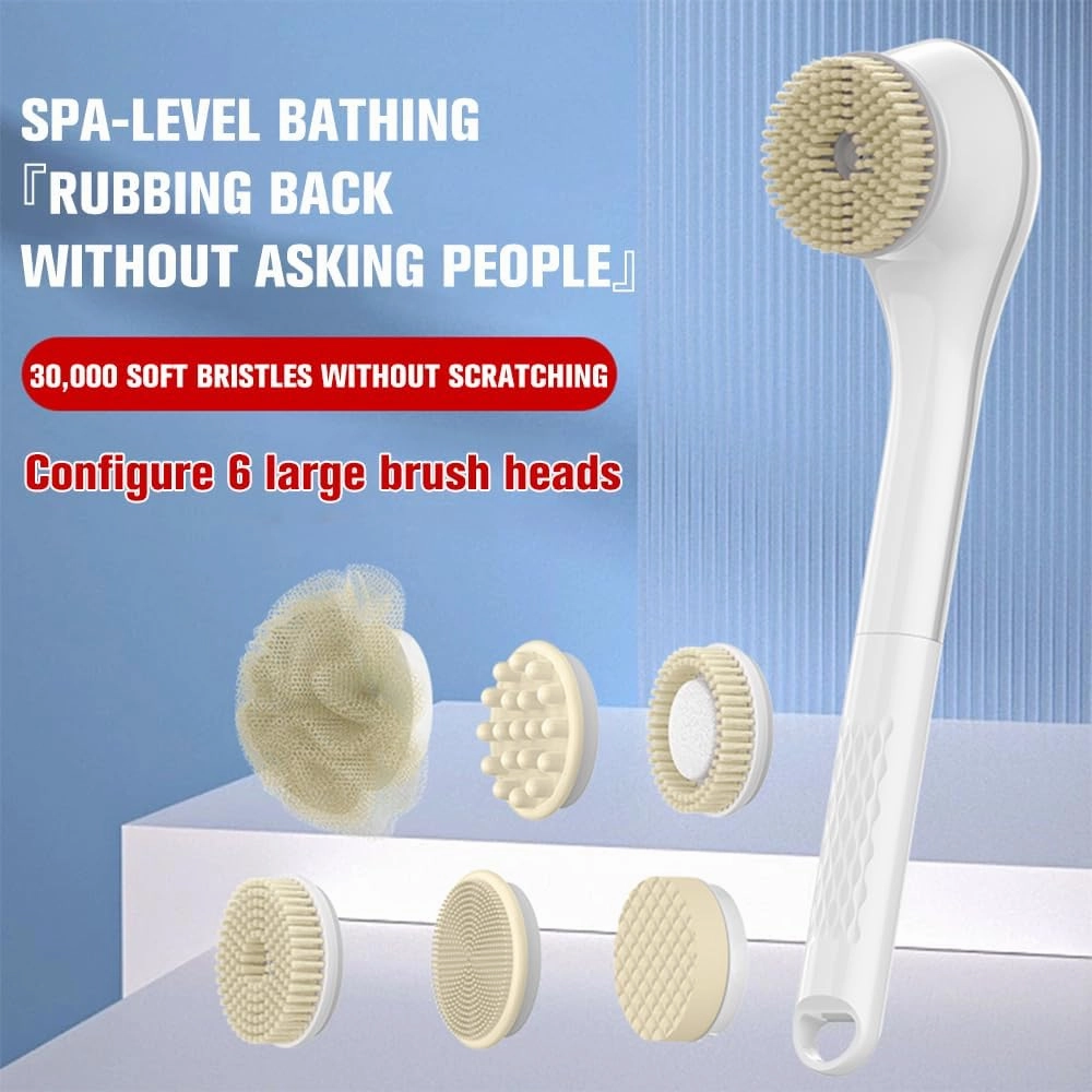 Electric Body Brush Set for Showering,Exfoliating Bath Brush Long Handle for Shower Lotion Applicator for Back Silicone Body Scrubber with 6 Shower Brush Heads for Women Men Gifts (White)