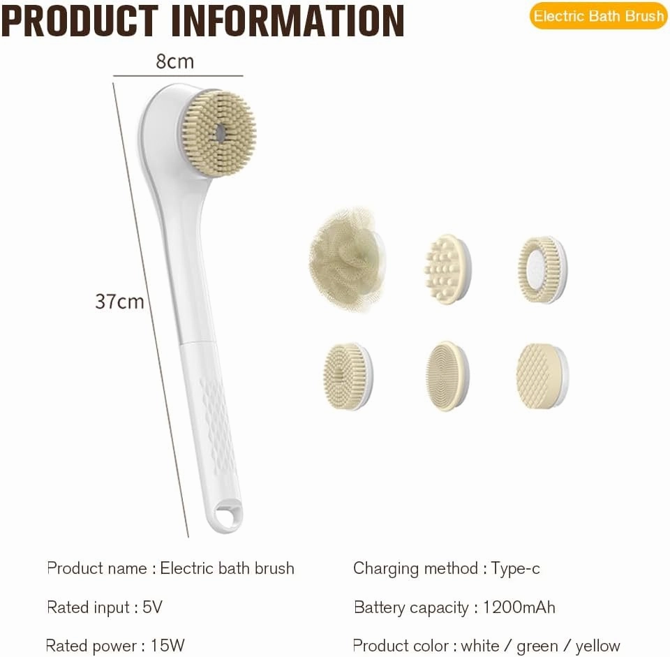 Electric Body Brush Set for Showering,Exfoliating Bath Brush Long Handle for Shower Lotion Applicator for Back Silicone Body Scrubber with 6 Shower Brush Heads for Women Men Gifts (White)