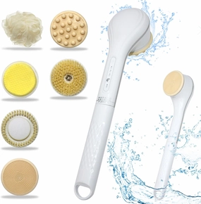 Electric Body Brush Set for Showering,Exfoliating Bath Brush Long Handle for Shower Lotion Applicator for Back Silicone Body Scrubber with 6 Shower Brush Heads for Women Men Gifts (White)