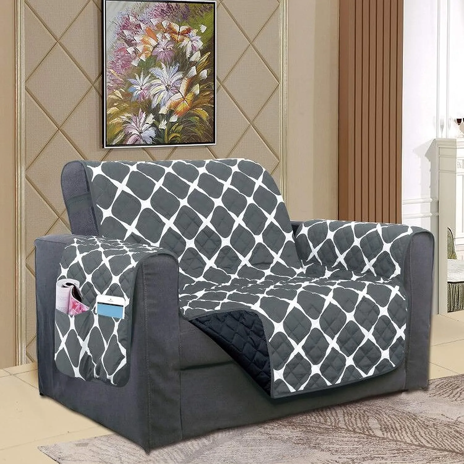 Elegant Comfort Luxury Bloomingdale Pattern Reversible 2-Tones Quilted Furniture Protector Slipcover with Smart Pockets and Elastic Straps, Great for Pets and Kids, Black/Gray, Chair