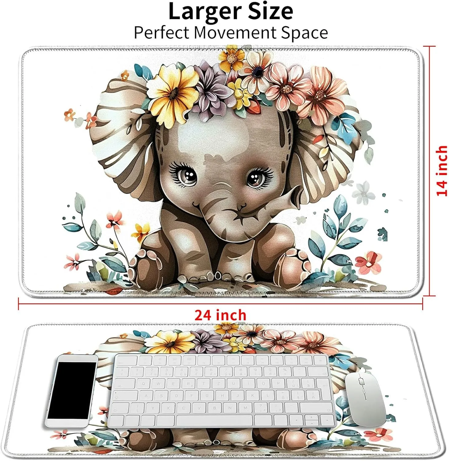 Elephant with Colorful Flowers Card Mat for MTG & TCG Playmat Mouse Pad,23.6" x 13.8" Game Mat Trading Card Game Playmats Table Mat Perfect for Card Games Video Games Computer Office