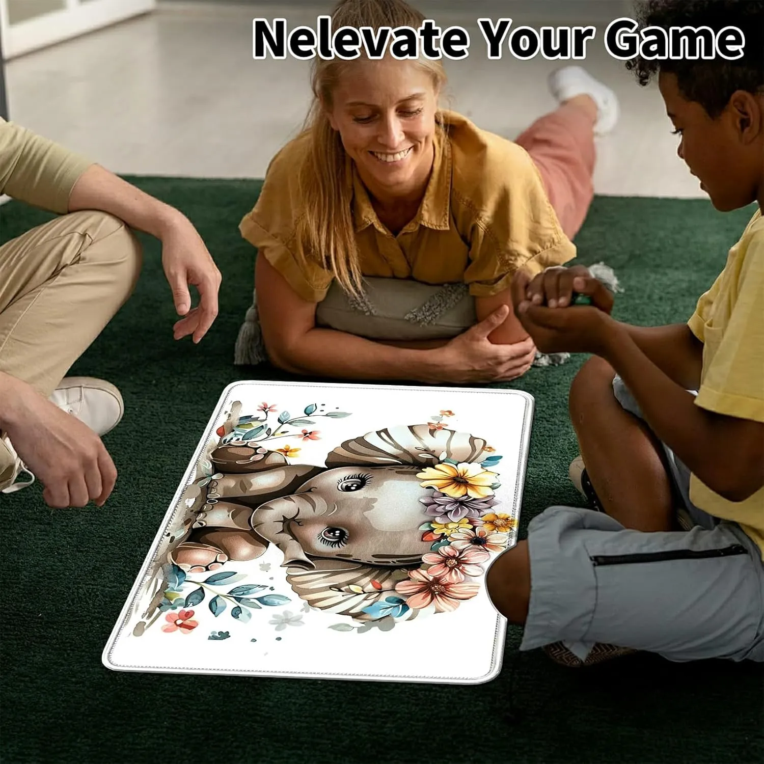 Elephant with Colorful Flowers Card Mat for MTG & TCG Playmat Mouse Pad,23.6" x 13.8" Game Mat Trading Card Game Playmats Table Mat Perfect for Card Games Video Games Computer Office