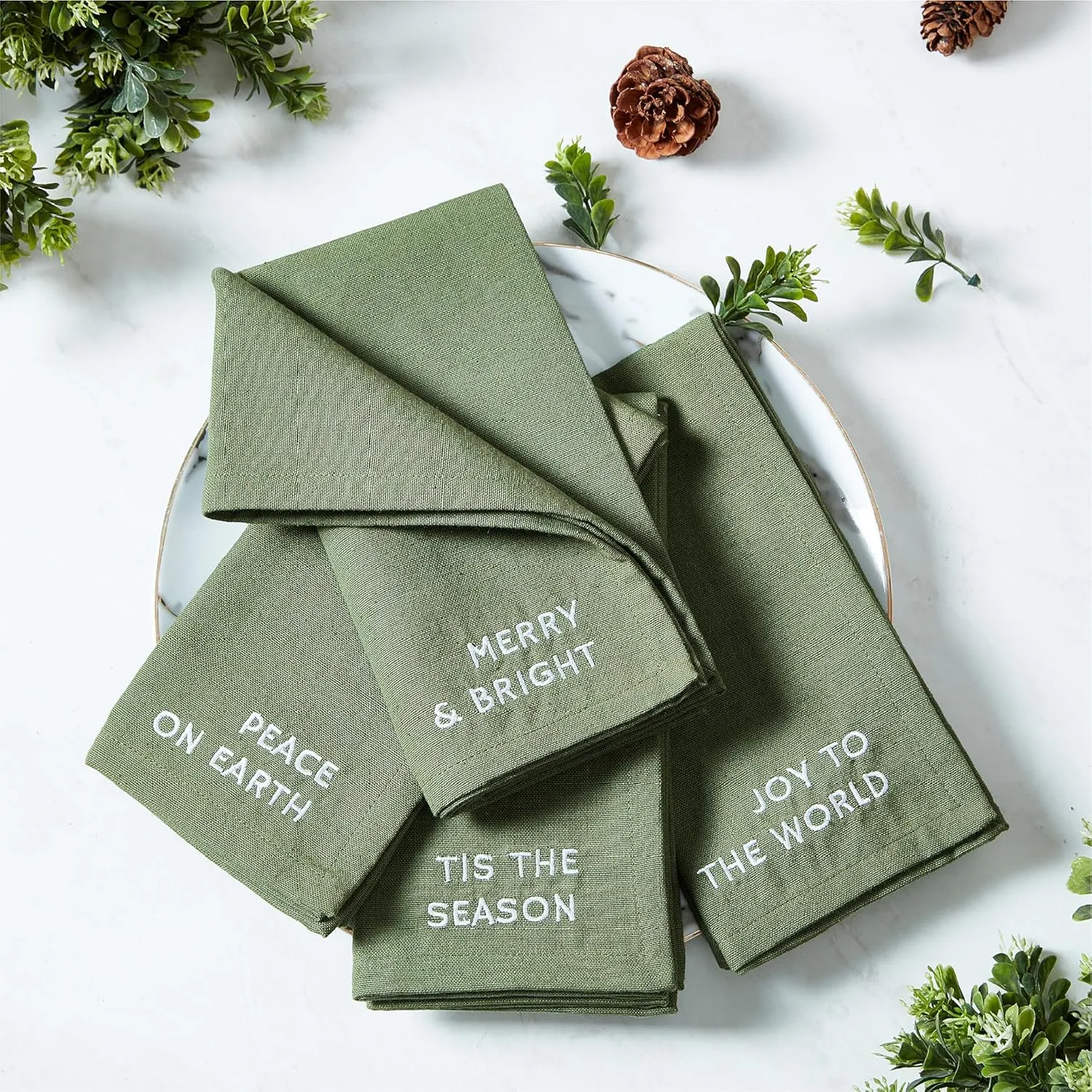 Elrene Home Fashions Joyful Holiday Sentiment Embroidered Napkins, Set of 4, 17"x17", Pine