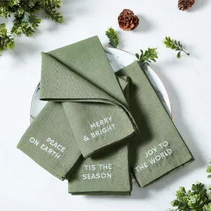 Elrene Home Fashions Joyful Holiday Sentiment Embroidered Napkins, Set of 4, 17"x17", Pine