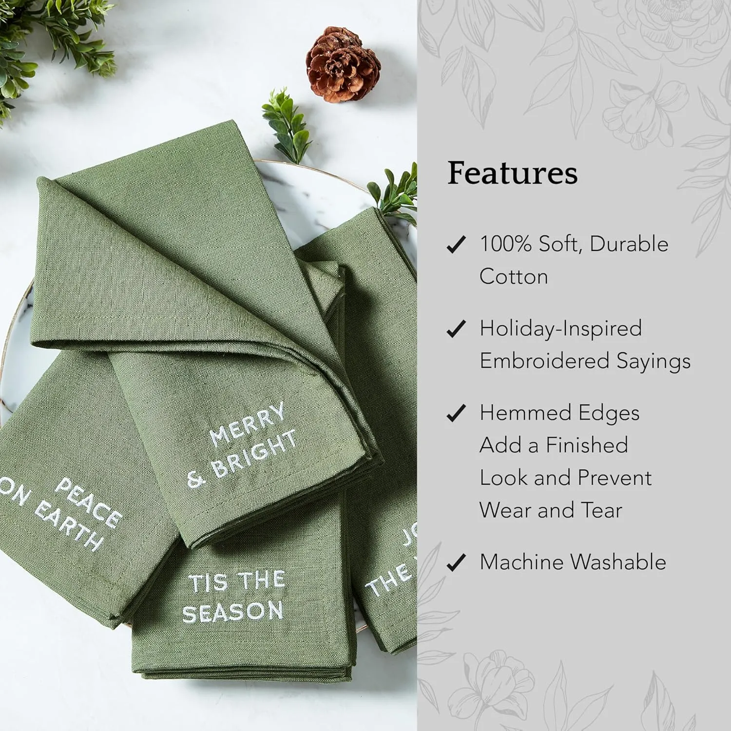 Elrene Home Fashions Joyful Holiday Sentiment Embroidered Napkins, Set of 4, 17"x17", Pine