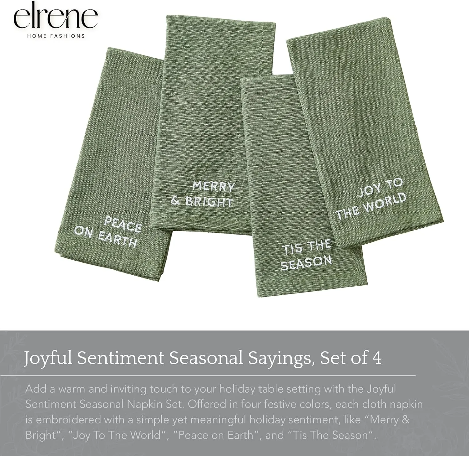 Elrene Home Fashions Joyful Holiday Sentiment Embroidered Napkins, Set of 4, 17"x17", Pine