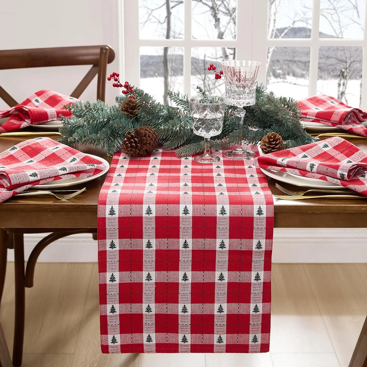Elrene Home Fashions Sherwood Tree Dobby Christmas/Holiday Cotton Dining Table or Console Runner, 13"x70", Red