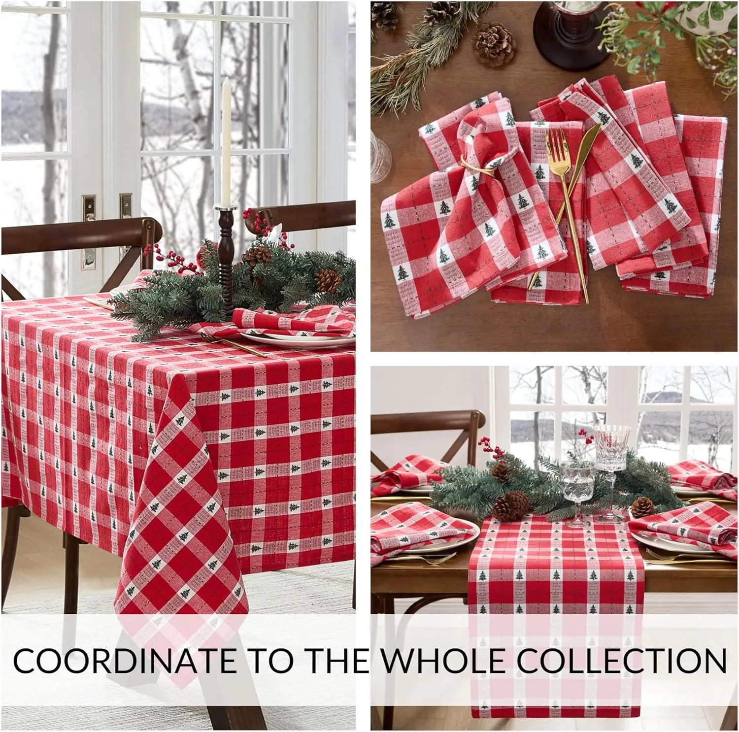 Elrene Home Fashions Sherwood Tree Dobby Christmas/Holiday Cotton Dining Table or Console Runner, 13"x70", Red