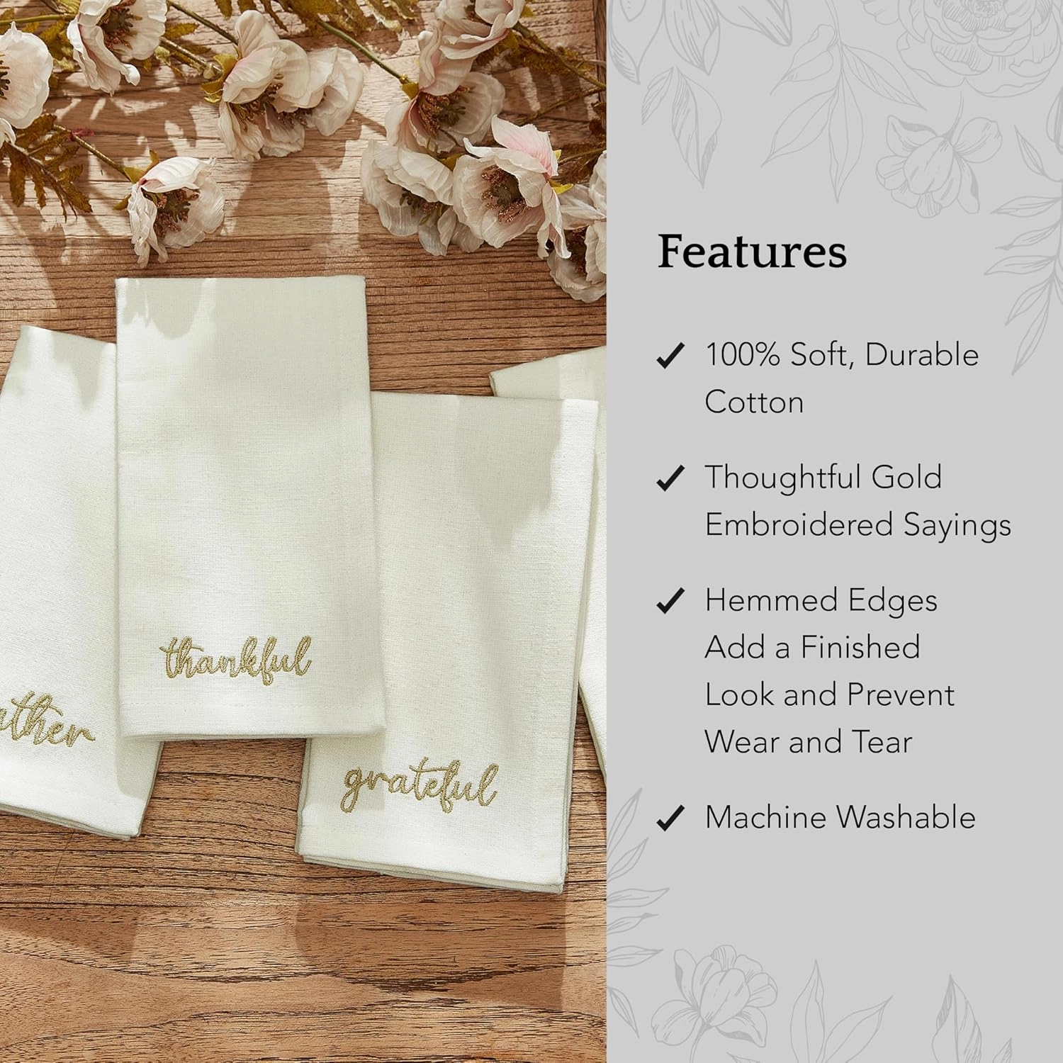 Elrene Home Fashions Harvest Fall Sentiment Embroidered Napkins, Set of 4, 17"x17", Ivory
