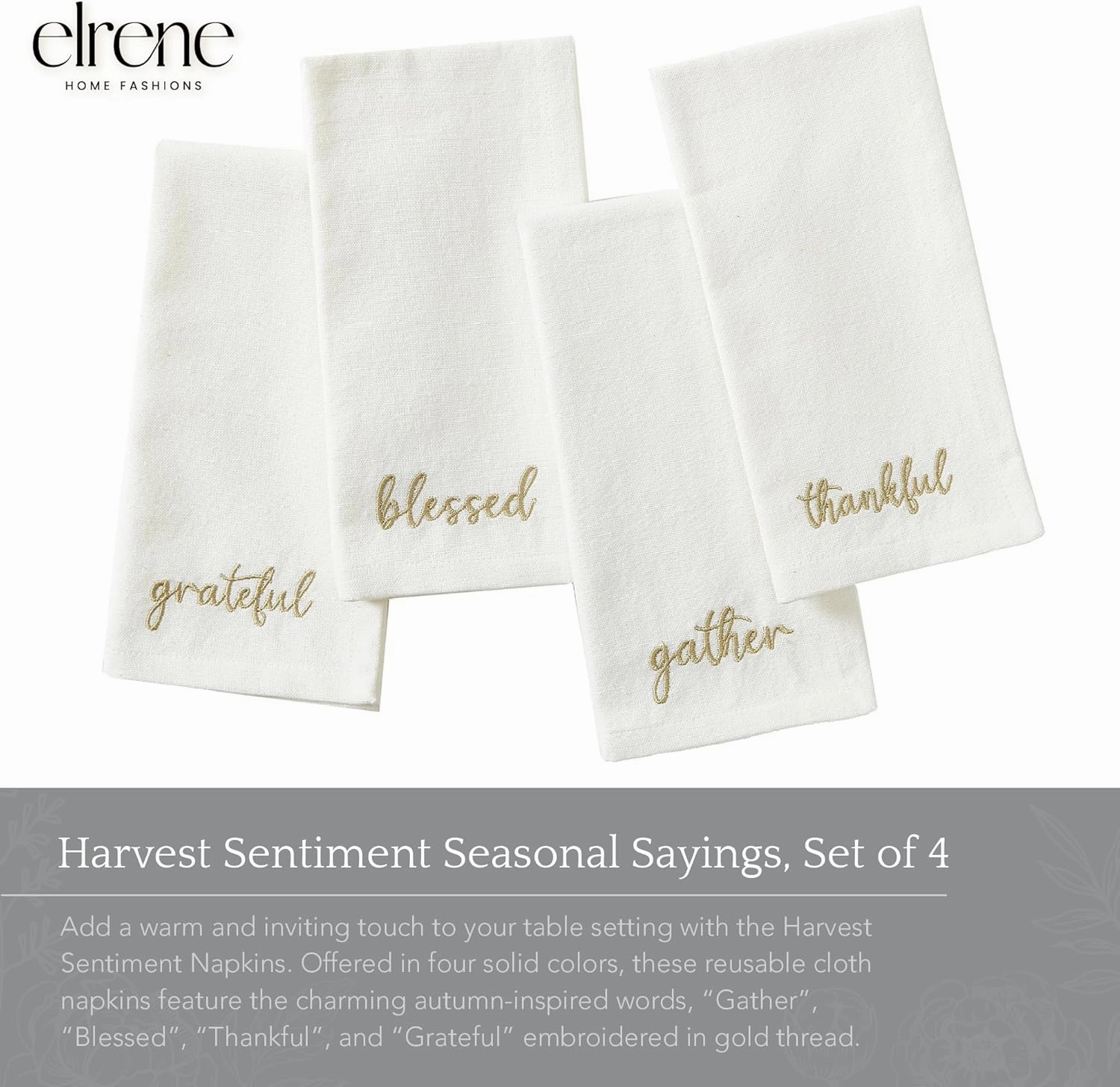 Elrene Home Fashions Harvest Fall Sentiment Embroidered Napkins, Set of 4, 17"x17", Ivory