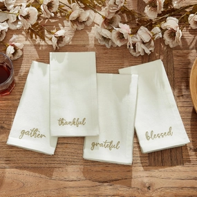 Elrene Home Fashions Harvest Fall Sentiment Embroidered Napkins, Set of 4, 17"x17", Ivory