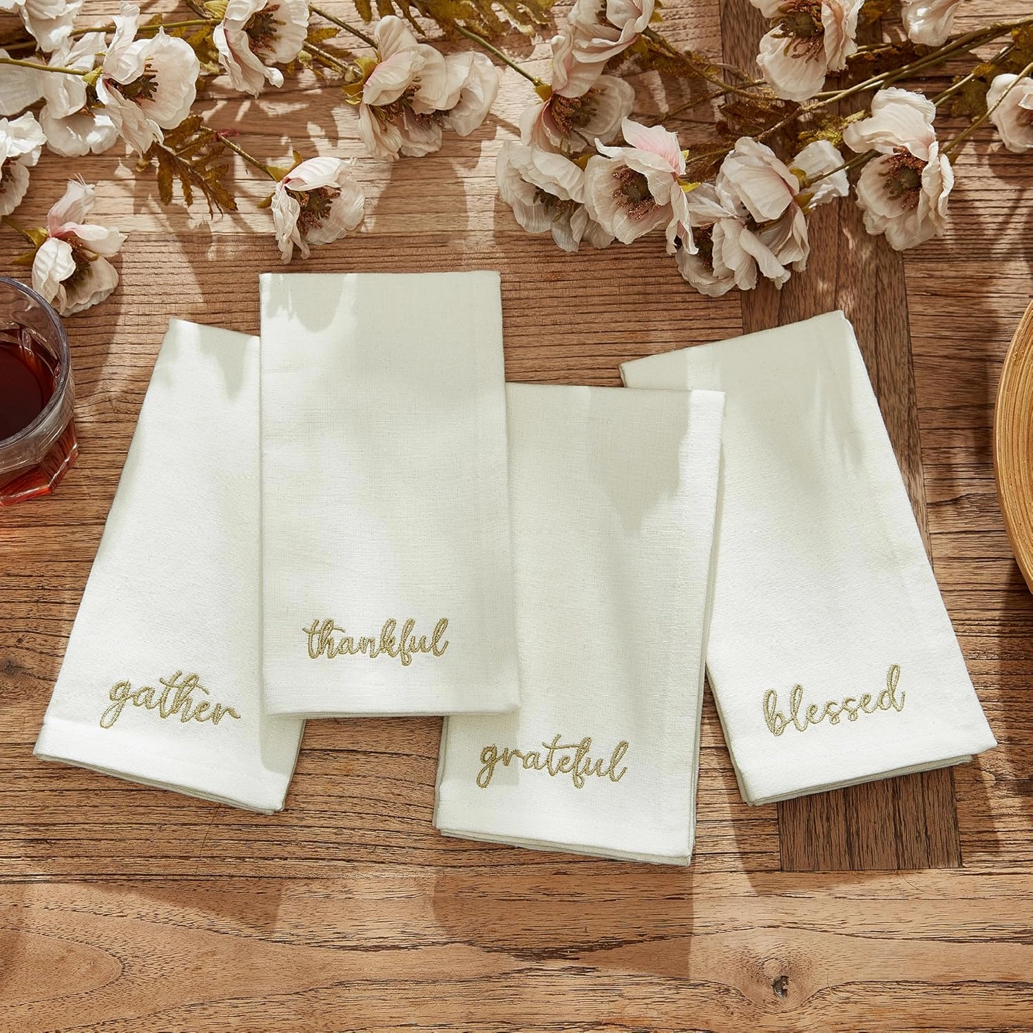 Elrene Home Fashions Harvest Fall Sentiment Embroidered Napkins, Set of 4, 17"x17", Ivory