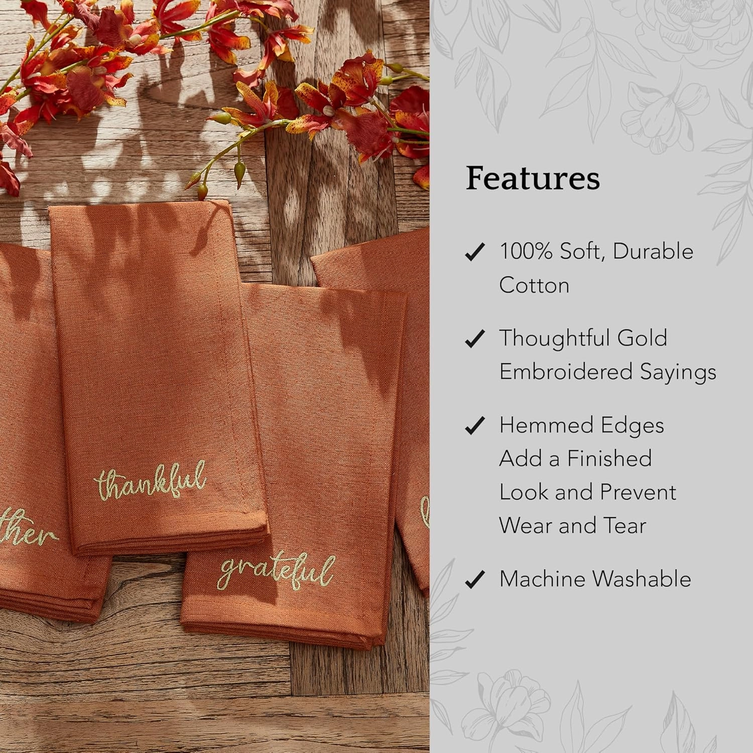 Elrene Home Fashions Harvest Fall Sentiment Embroidered Napkins, Set of 4, 17"x17", Rust