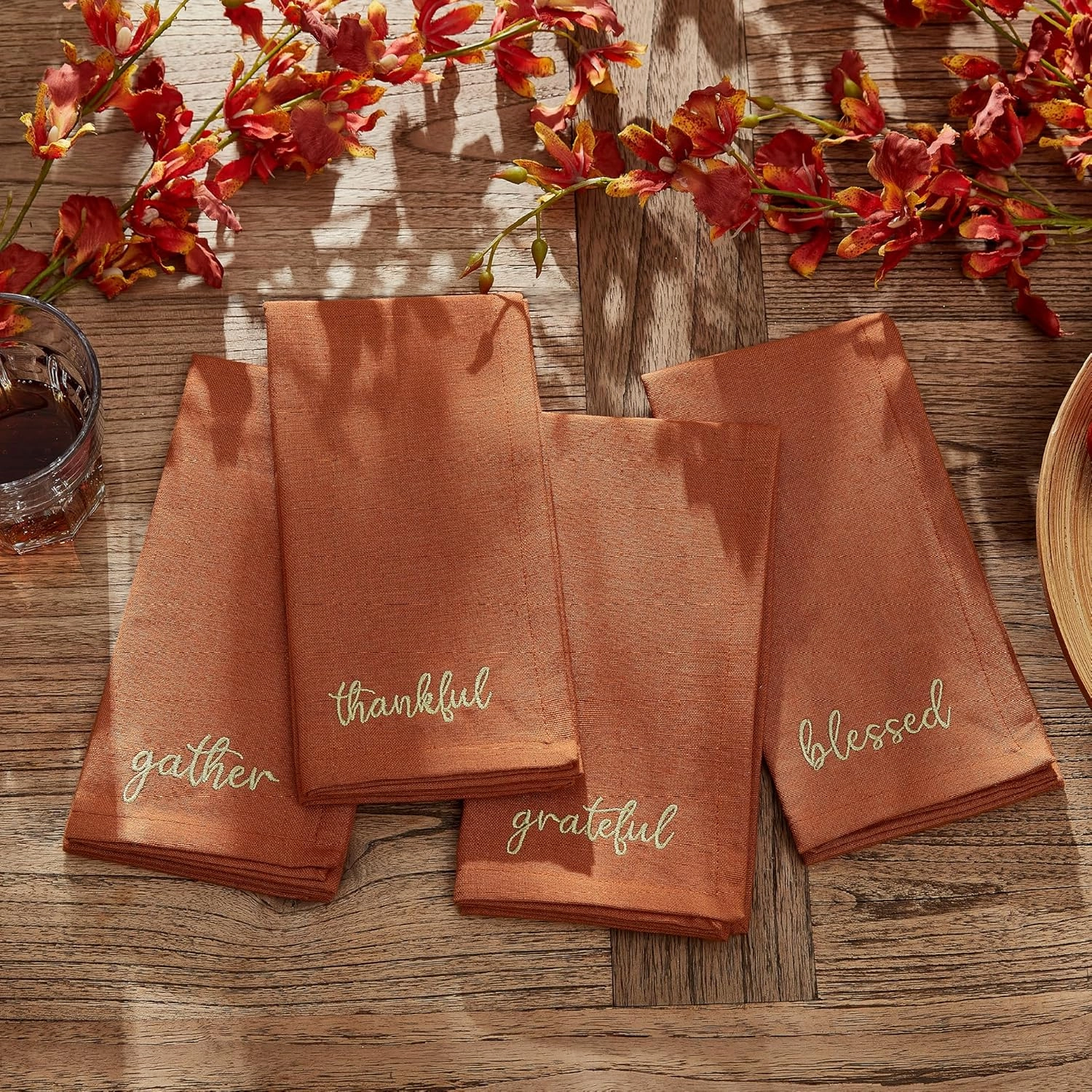 Elrene Home Fashions Harvest Fall Sentiment Embroidered Napkins, Set of 4, 17"x17", Rust