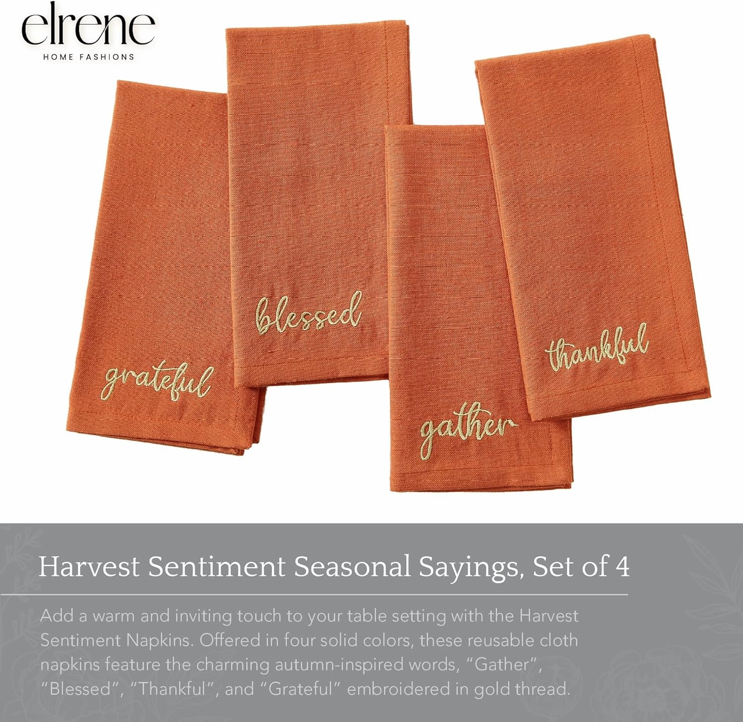 Elrene Home Fashions Harvest Fall Sentiment Embroidered Napkins, Set of 4, 17"x17", Rust