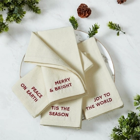 Elrene Home Fashions Joyful Holiday Sentiment Embroidered Napkins, Set of 4, 17"x17", Ivory