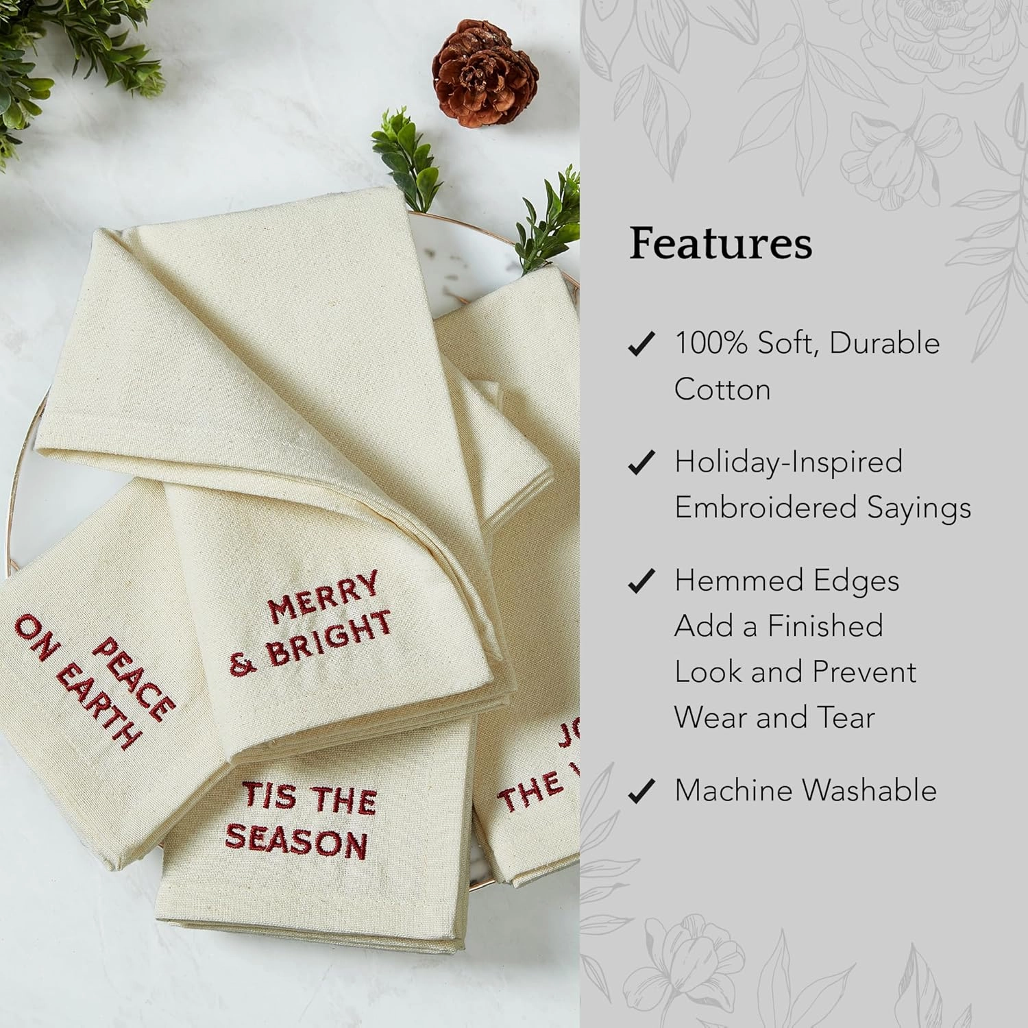 Elrene Home Fashions Joyful Holiday Sentiment Embroidered Napkins, Set of 4, 17"x17", Ivory