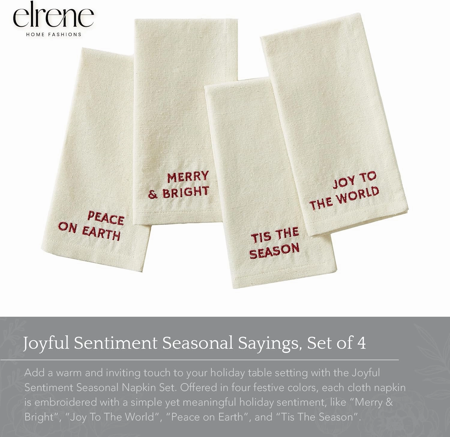 Elrene Home Fashions Joyful Holiday Sentiment Embroidered Napkins, Set of 4, 17"x17", Ivory