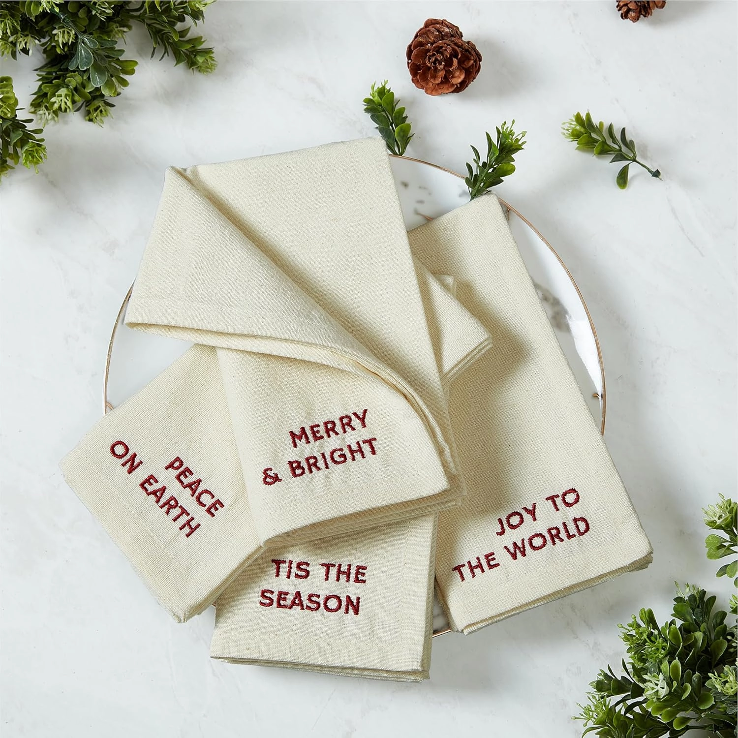 Elrene Home Fashions Joyful Holiday Sentiment Embroidered Napkins, Set of 4, 17"x17", Ivory