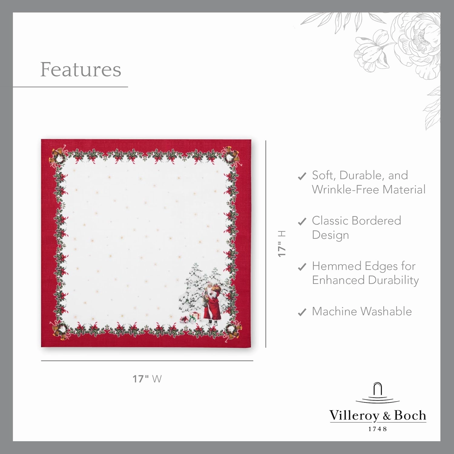 Elrene Home Fashions Villeroy & Boch Toy's Fantasy Holiday Engineered Napkins, Set of 4, 17"x17", Multi