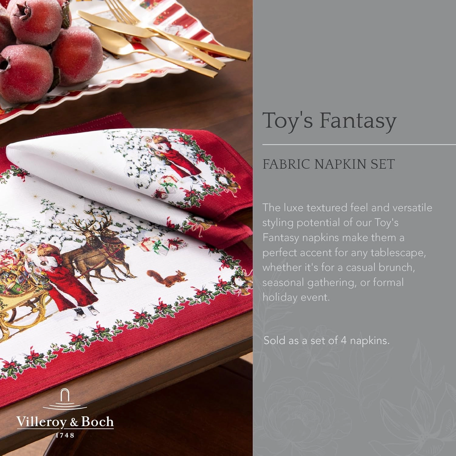 Elrene Home Fashions Villeroy & Boch Toy's Fantasy Holiday Engineered Napkins, Set of 4, 17"x17", Multi