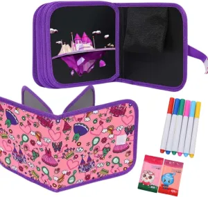 Erasable Doodle Colouring Book for Kids & Toddlers Portable Reusable Drawing Pad with Wet Wipes & Colors Pens - Art Set for Boys and Girls (Princess Castle (10 Sided))