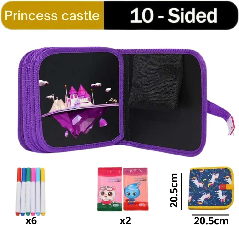 Erasable Doodle Colouring Book for Kids & Toddlers Portable Reusable Drawing Pad with Wet Wipes & Colors Pens - Art Set for Boys and Girls (Princess Castle (10 Sided))